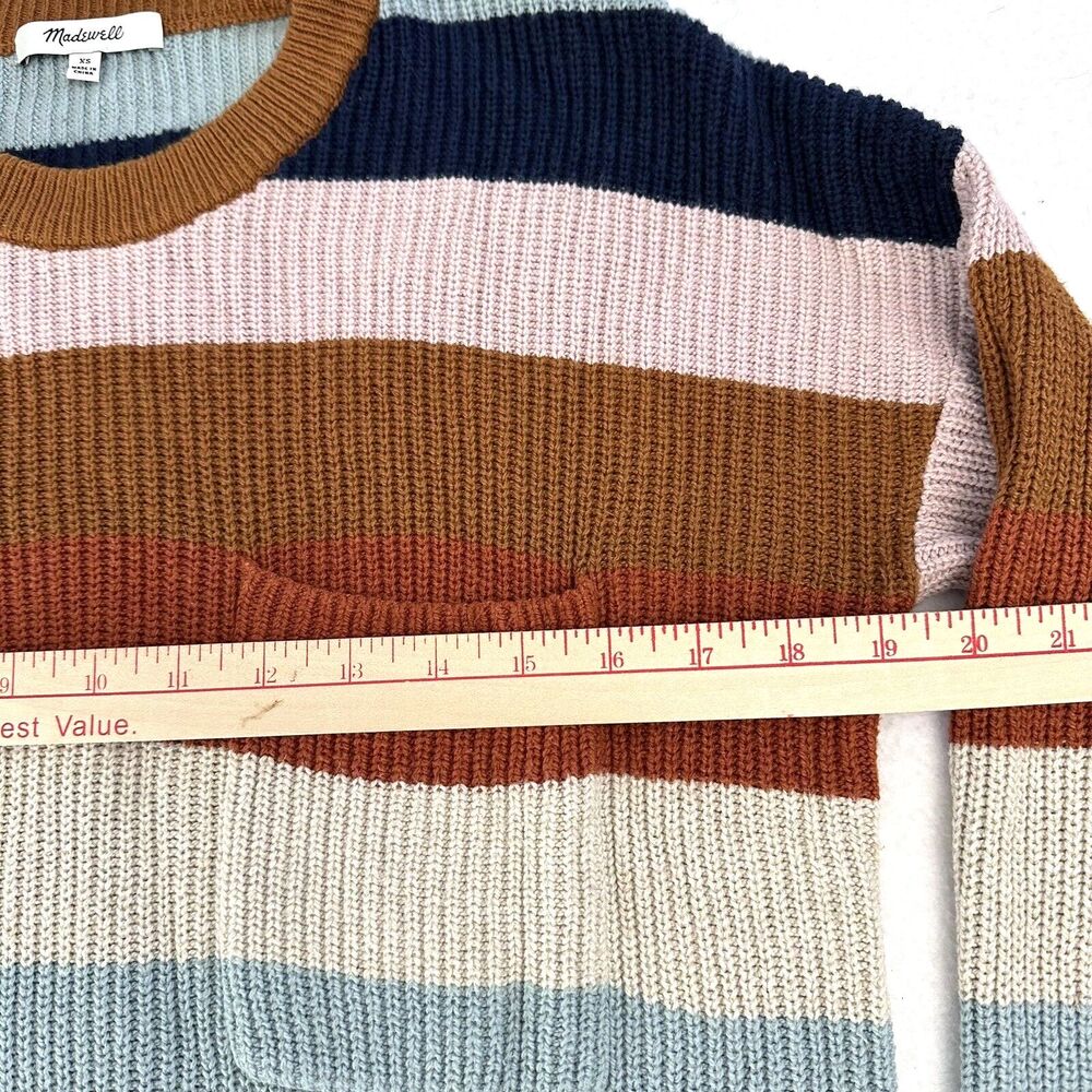 Madewell Pullover Sweater XS Pocket Rainbow Stripe Thompson Hi Low Fawn Boxy - Picture 8 of 11